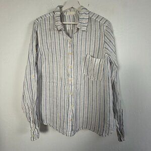 CP Shades Womens 100% Linen Striped Button-Up Shirt Large Blue/White Long Sleeve